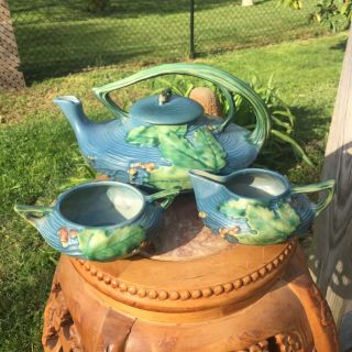 Vintage Roseville Pottery Bushberry Blue Tea Pot,  Sugar Bowl,  Creamer Tea Set
