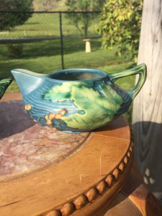 Vintage Roseville Pottery Bushberry Blue Tea Pot,  Sugar Bowl,  Creamer Tea Set 2