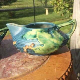 Vintage Roseville Pottery Bushberry Blue Tea Pot,  Sugar Bowl,  Creamer Tea Set 4