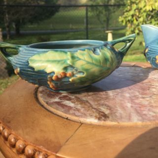 Vintage Roseville Pottery Bushberry Blue Tea Pot,  Sugar Bowl,  Creamer Tea Set 6