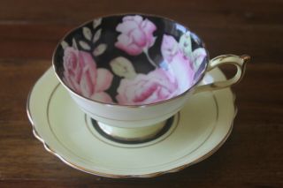 Paragon Large Cabbage Pink Roses On Black Yellow Tea Cup Teacup Saucer