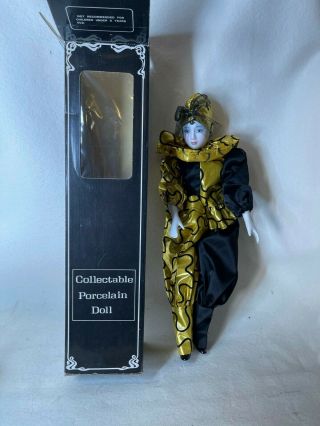 Vintage 15” Harlequin Mardi Gras Jester Clown Porcelain Doll Gold And Black