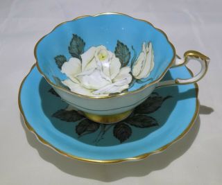 Paragon Vintage Yellow Tinted White Cabbage Rose On Turquoise Cup & Saucer