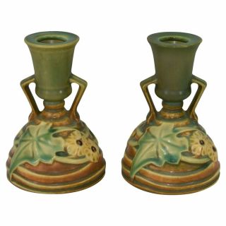 Roseville Pottery Luffa Green And Brown Candle Holders 1097 - 4