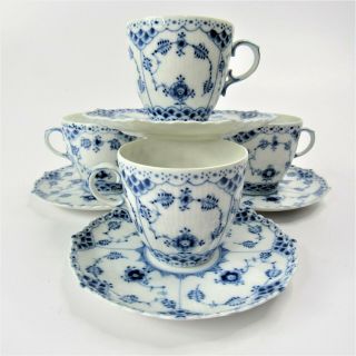 Royal Copenhagen Denmark Blue Fluted Full Lace Cups And Saucers Set Of 4 Aa116