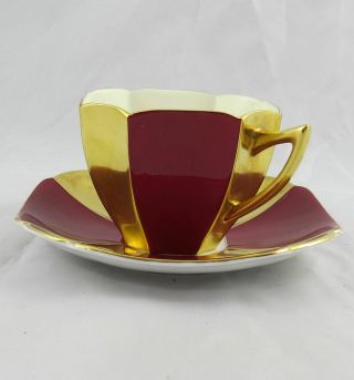 Vintage Art Deco Shelly Paneled Queen Anne Cup & Saucer Crimson & Gold