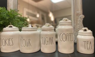 Rae Dunn 5 Pc Canister Set Complete “flour,  Sugar,  Coffee,  Tea,  Cookies Ll Font