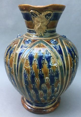 Rare Antique Doulton Lambeth Stoneware Lions Head Pitcher Vase Ea
