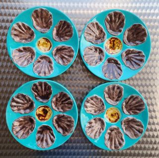 Set Of 4 Antique Tn Bavent Faience Oyster Plates 10 - 1/2 " Turquoise
