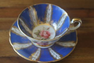 Paragon Gold Pink Large Cabbage Floating Rose Blue Feather Teacup Tea Cup Saucer