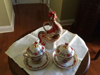 Russian Imperial Lomonosov Porcelain Rooster Tea Set With Decanter