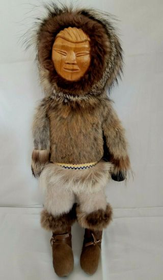 Vintage Alaska Eskimo Doll 14 " Hand Carved Wood Face Real Leather/fur Handmade