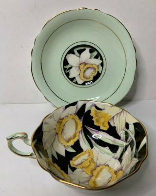 Paragon Hand Painted Daffodil On Black Tea Cup & Saucer England Bone Green