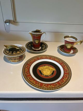 Versace Rosenthal Medusa Red Tea Cup,  Sugar Bowl,  Saucers,  Creamer,  & Plate
