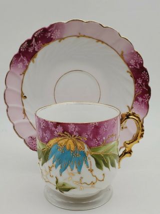 Antique Tea Cup & Saucer Unsigned Hand Painted Unmarked Pink Flowers