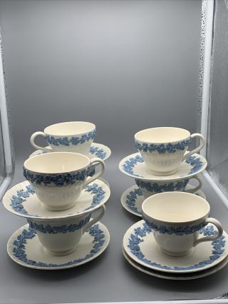 Wedgewood Queensware Lavender On Cream Shell Edge 7 Tea Cups 8 Saucers