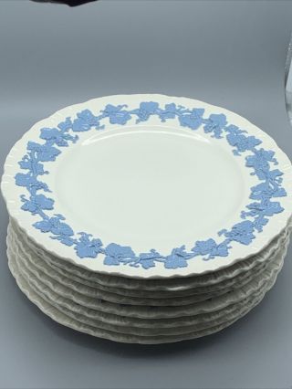 Wedgwood England Queens Ware Embossed Grapevine Blue Set Of 8 Dinner Plates