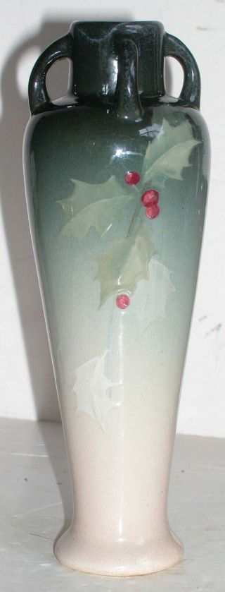 Vintage Weller Eocean 4 Handle Vase 9.  5 " Pastel Greens Holly Leaves Ivy Berries