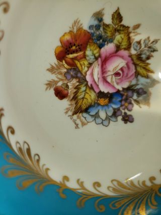 RARE Aynsley Cabbage Rose Teacup and Saucer Signed J A Bailey - TURQUOISE 3
