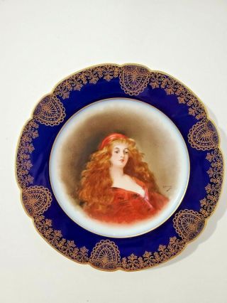 Wm Guerin & Co Limoges France Plate With Portrait,  Cobalt And Gold,  Signed 9.  75 "