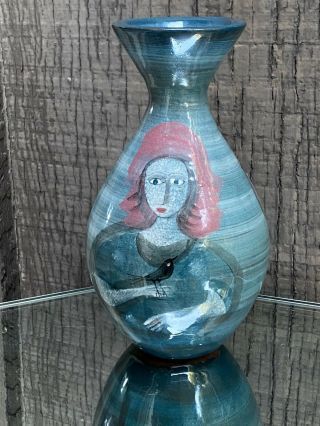 Signed Polia Pillin Ceramic Studio Pottery Bulbous Vase Woman Birds Modern Art