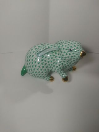 Vtg Hungary Herend Porcelain Green Fishnet Lge Rabbit Figurine One Paw Up 5335