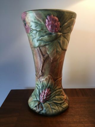 Weller Pottery Flemish 1910s Red Floral With Green And Brown Leaves Tall Vase