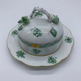 Herend Hungary Handpainted Green Chinese Bouquet Covered Butter Dish 393/av