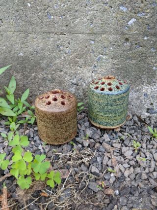 2 Vintage Denis Vibert 3 " Green Flower Frog Vase Pot Mcm Studio Pottery Maine