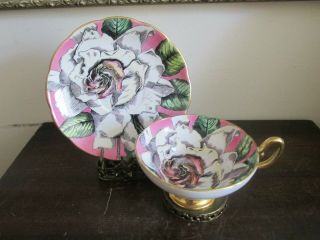 Vintage Taylor And Kent England Tea Cup And Saucer Rose On Pink