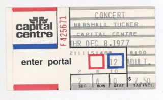 Rare Marshall Tucker 12/8/77 Washington Dc Capital Centre Concert Ticket Stub