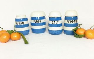 Vintage Blue/white Cornishware T.  G.  Green England Flour,  Salt & Pepper Sugar Set
