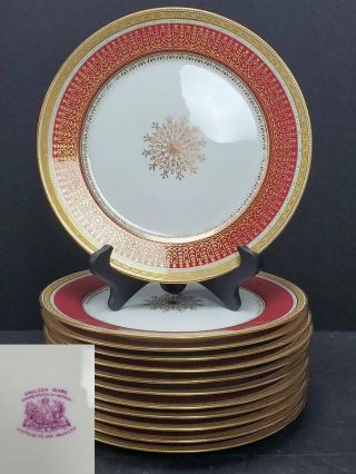 (12) 19th C.  Cauldon Ware B.  W.  M.  & Co.  Dinner Plates H4941 Red / Gold Medallion