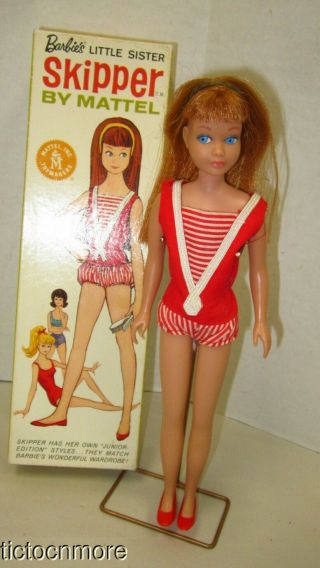 Vintage Barbie Sister Skipper Doll No 950 Redhead Coral Lips W/ Suit,  Box Stand