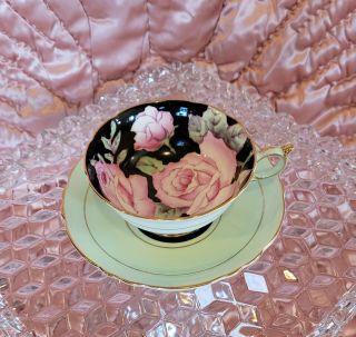 Paragon Green Black With Pink Cabbage Rose Footed Tea Cup & Saucer,  A675