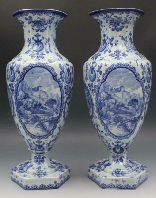 C1890s German Royal Bonn Blue & White Delft Porcelain Vases W/ Castles