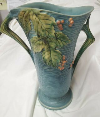 Vintage Roseville 38 Bushberry Double Handled Vase - 12” Tall - Blue