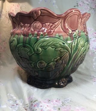 Vintage Large Green & Rose Weller Majolica Jardiniere Planter Flower Pot 2