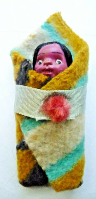Vintage 3 - 1/2 " Native American Papoose Doll With Wool Blanket Japan
