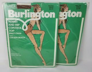 2 Vintage Burlington Control Top Nylon Panty Hose 342 Wild Rice Medium