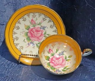 Aynsley Tea Cup & Saucer Deep Yellow Large Pink Rose Gold Fleur De Lys C.  1930s