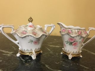 Gorgeous Vtg Rs Prussia Hand Painted Footed Creamer And Lidded Sugar Bowl Marked