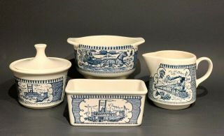 (set Of 4) Royal China Currier And Ives Blue China Specialties " Add - Ons "