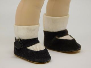 Vntg Madame Alexander - Kins Black Side Snap Shoes Fuzzy Soles White Socks