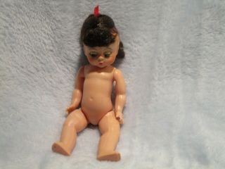 Vintage 7 1/2 " Hard Plastic Doll With Brunette Hair And Sleepy Eyes