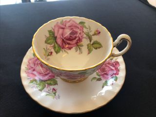 Aynsley Pedestal Teacup Cup Saucer Large Pink Cabbage Rose Design 2