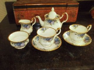 Royal Albert Fine Porcelain Moonlight Blue Rose Teapot Creamer Sugar Cups Saucer
