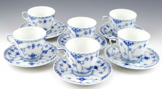 Royal Copenhagen Denmark 719 Blue Fluted Half Lace Cups And Saucers Set Of 4