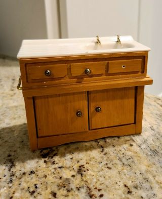 Dollhouse Miniature Wood Kitchen Sink With Basin Cabinet,  Doors & Towel Holder