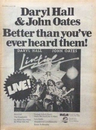 Daryl Hall & John Oates - Press Poster Advert - Live Time - 1978